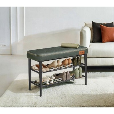 Shoe Bench, Storage Bench, Shoe Rack Bench Entryway, Synthetic Leather with Stitching, Mid-Century Modern, Loads 300 lb, 11.8 x 31.5 x 19.7 Inches