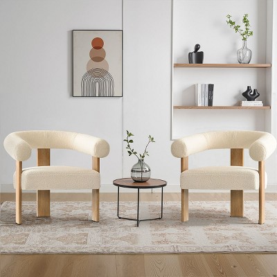 Beige Boucle Accent Chairs Set Of 2 Sale Occasional Chairs Modern Single Sofa Chair With Curved Back,Comfy Upholstered Study Chair-Cuddlewood