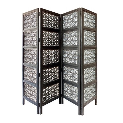 Wooden Room Divider with Traditional Carvings Black/White - The Urban Port