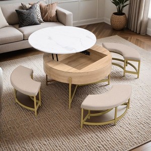 Modern Round Lift-Top Coffee Table with Storage & 3 Ottoman - Leovsnove - 1 of 4