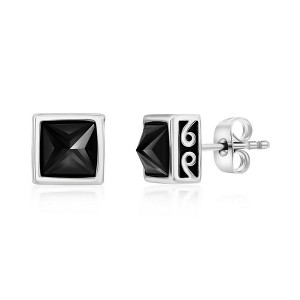 Metallo Stainless Steel Black CZ Greek Border Design Square Stud Earrings - Black - 1 of 2