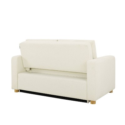 Ivory Boucle Full Size Convertible Sleeper Sofa with Wood Legs