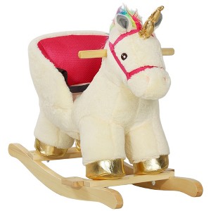 Qaba Kids Rocking Horse, Ride on Unicorn with Realistic Sounds, Safety Belt & Wooden Base, Plush Rocking Horse for Toddlers 18-36 Months, Cream White - 1 of 4