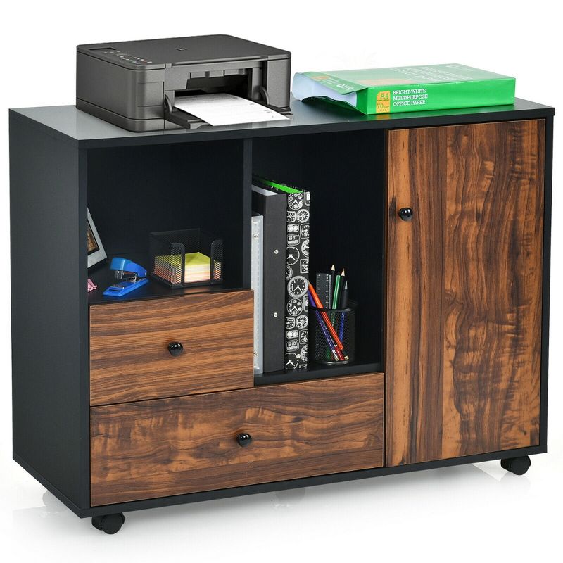 Costway Lateral Mobile Filing Cabinet Large Printer Stand w/2 Drawers Open Shelves Black, 1 of 11