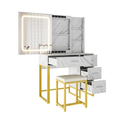 Modern Marble White Vanity Desk, Small Make Up Vanity Table with Lighted Mirror, Charging Station, Drawers, Open Shelves & Stool, Compact Dressing