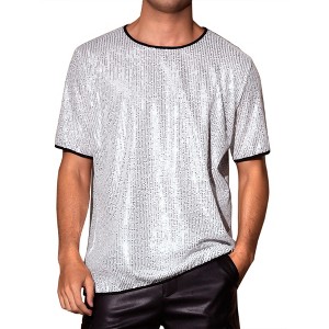 INSPIRE CHIC Men's Metallic Short Sleeved Club Rave Party Sequins Sparkly T-Shirt - 1 of 4