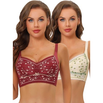 Allegra K Women's Wirefree U Back Lace Adjustable Straps Full Coverage Padded Minimizer Bralettes 2 Pcs