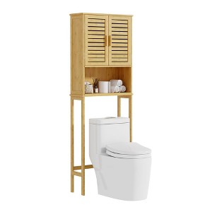 Bathroom Cabinet, Bamboo Freestanding Toilet Storage Cabinet with Adjustable Shelf, Doors, Toilet Rack for Bathroom, Natural - 1 of 4