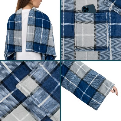 Plaid Navy Fleece Wearable Blanket with Sleeves and Pocket