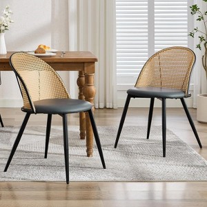 TYBOATLE Rattan Dining Chairs Set of 4, Black Mid-Century Modern Chairs with Faux Leather Cushion & Adjustable Foot Pads for Kitchen or Dining Room - 1 of 4