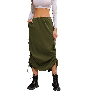 Women's Midi Cargo Skirt Ruched Drawstring Side High Waist Casual Skirts Streetwear with Pockets - 1 of 4
