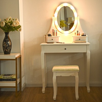 Costway 3 Drawers Bedroom Vanity Makeup Dressing Table Stool Set Lighted Mirror W/10 LED Bulbs