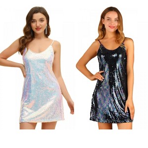 Allegra K Women's Glitter Sequin Spaghetti Strap V Neck Cocktail Sparkly Mini Dress 2 Packs - 1 of 4
