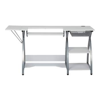 Comet Plus Hobby/Office/Sewing Desk with Fold Down Top, Height Adjustable Platform, Bottom Storage Shelf and Drawer Silver/White - Sew Ready