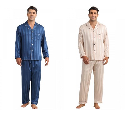 INSPIRE CHIC Men's 2 Pack Satin Pajamas Set Casual Long Sleeve Striped Button Sleepwear