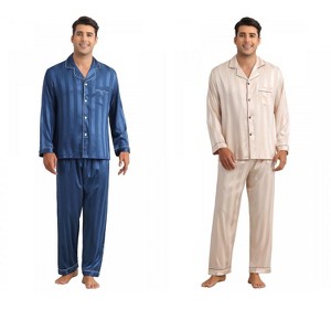 INSPIRE CHIC Men's 2 Pack Satin Pajamas Set Casual Long Sleeve Striped Button Sleepwear - 1 of 4