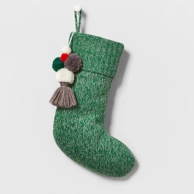 Marled Knit Christmas Stocking with Poms Green - Wondershop™