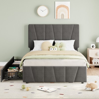 ed frame with drawers, linen upholstered platform bed frame with adjustable headboard, wooden slats to support the bed frame, no box spring required
