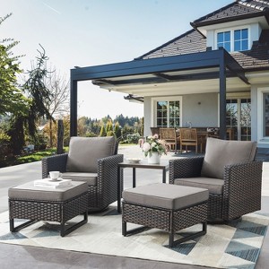 POCASSY Patio Wicker Rattan Swivel Rocking Glider Chair Set of 2 with Ottoman and Side Table, 5 Piece All Weather Brown Wicker Patio Furniture Set - 1 of 4