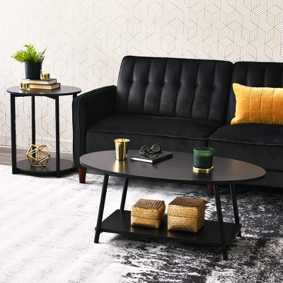 Black Oak and Steel Round End Table with Shelf