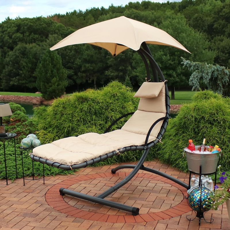 Sunnydaze Outdoor Hanging Chaise Floating Lounge Chair with Canopy Umbrella and Arc Stand, 4 of 14