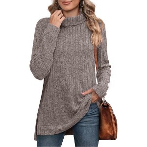 Women's Fall Winter High Neck Ribbed Knit Top - Loose Fit T-Shirt with Side Slits - 1 of 4