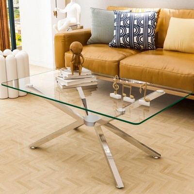 TOAOTBNBO Modern Coffee Tables with Tempered Glass, Durable Center Table with Metal Legs, Coffee Table for Apartment, Silver