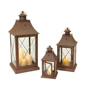 HomeRoots Set of Three Brown Lattice Glass And Metal Floor Lantern Candle Holders - 1 of 4
