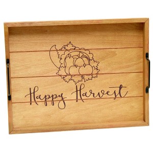 HomeRoots 16" Natural And Burgundy Happy Harvest Serving Tray With Handles - 1 of 4