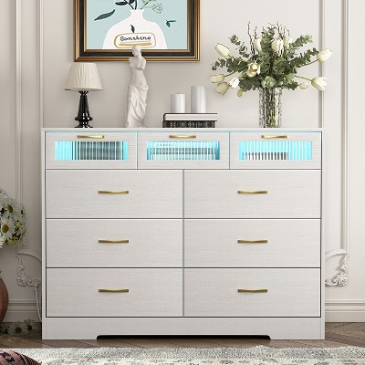 Hommoo White 9 Drawer Dresser with LED Light