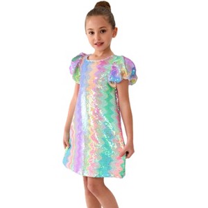 2Bunnies Girls' Spectrum Sparkle Sequin Puff Sleeve Dress - 1 of 4