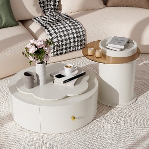 Round Coffee Table Set of 2, Rotatable Floral Top with 2 Drawers and Glass Side Table, Stylish Living Room Furniture - 1 of 4
