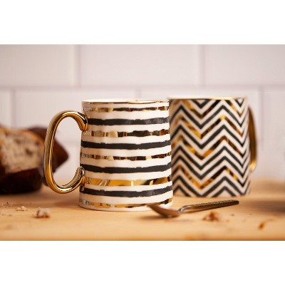 Black and Gold Geometric Ceramic Coffee Mugs, Set of 2