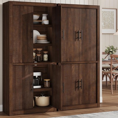 70" Tall Kitchen Pantry Cabinet with 2 Glass Doors & 2 Wood Doors– Farmhouse Storage Cupboard, Adjustable Shelves for Kitchen, Dining & Living Room