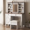 TIRAMISUBEST Farmhouse Makeup Vanity Desk with Sliding Mirror and Lights, Vanity Table with Cushioned Stool, Dressing Table with 2 Drawers and Shelves - 2 of 4