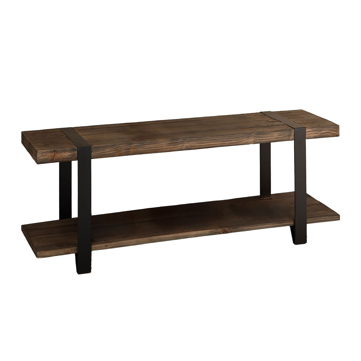 Alaterre Furniture Modesto 48 in. Solid Wood Entryway Bench with Storage Shelf, Rustic Natural Finish with Black Metal Legs and Strap Accent - thumbnail 2