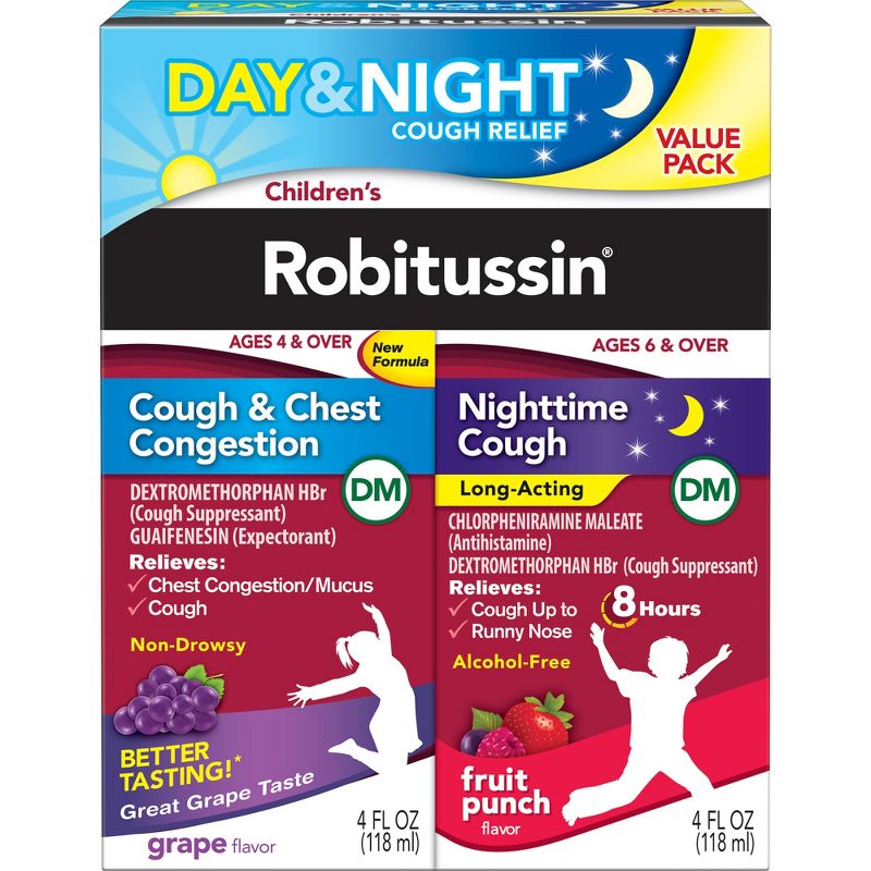 Children's Robitussin Day/Night Cough & Chest Congestion DM - Dextromethorphan - Grape & Fruit Punch Flavors - 4 fl oz/2pk, 1 of 9
