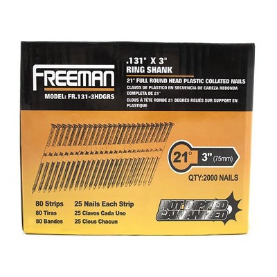 Freeman FR.131-3HDGRS 21 Degree 0.131 x 3 Inch Plastic Collated Solid Steel Constructed Ring Shank Galvanized Framing Nails, 4000 Count