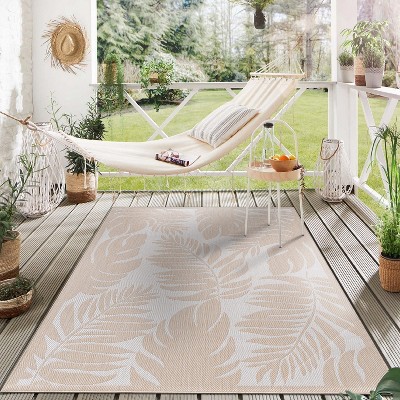 Tropical Floral Leaves 8' x 10' Flat Weave Washable Area Rug - Natural