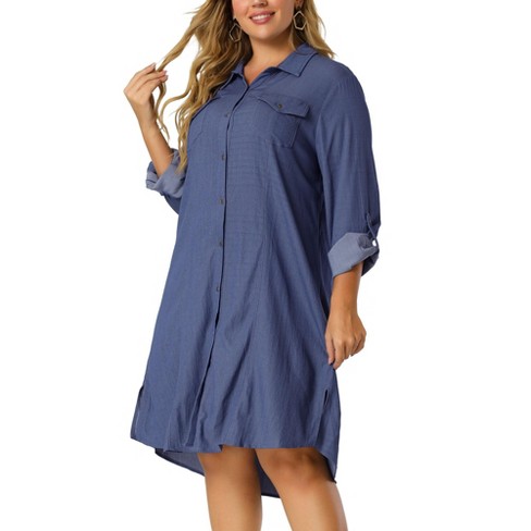 Agnes Orinda Women's Plus Size Chambray Shirt Long Sleeve Chest