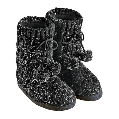 Collections Etc Lurex Cable Knit Slipper Boots with Fleece Lining, Fun Pom Poms, Extra Warm and Flexible, Mid-Calf