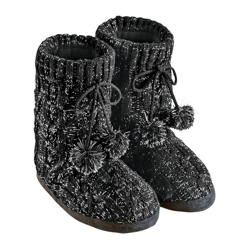 Collections Etc Lurex Cable Knit Slipper Boots with Fleece Lining, Fun Pom Poms, Extra Warm and Flexible, Mid-Calf, 1 of 4