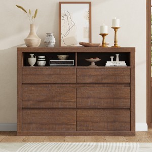 6 Drawer Dresser for Bedroom, Modern Mid Century Chest of Drawers with 2 Open Shelves, 47" Wide Wooden Double Dresser TV Stand for Closet, Living Room - 1 of 4