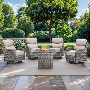 Gymojoy 5 Pieces Outdoor Patio Wicker Swivel Chair with 6 Inch Cushions and Fire Pit Table - 1 of 4