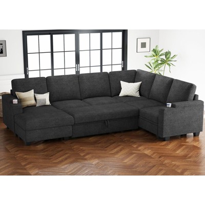 Belffin Chenille 7-Seater U-Shaped Sleeper Sectional - Modular Couch with Pull-Out Bed & All-Module Storage