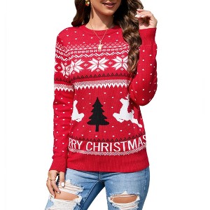 Womens Christmas Sweaters Pullover Reindeer Ugly Christmas Sweater Long Sleeve Crew Neck with Snowflakes Pattern Jacquard Knit Sweater - 1 of 4