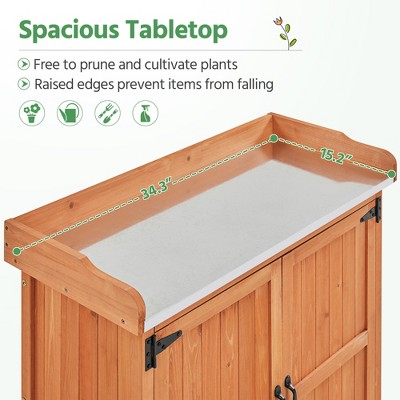 Brown Fir Wood Garden Potting Bench with Metal Tabletop