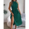Women Summer Sleeveless Midi Dresses Casual Pleated Mock Neck Midi Dresses With Belt A Line Flowing Dress - 3 of 4