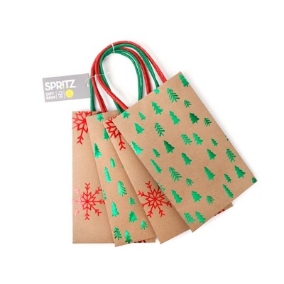 4pk Junior Tote Christmas Tree Foil Snowflake on Kraft Gift Bags Red/Green - Spritz™