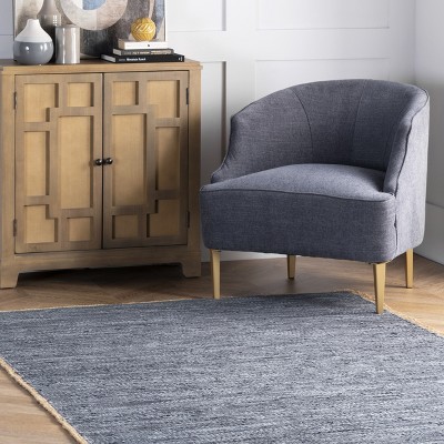 Handwoven Coastal Hemp & Leather 3' x 5' Blue Area Rug